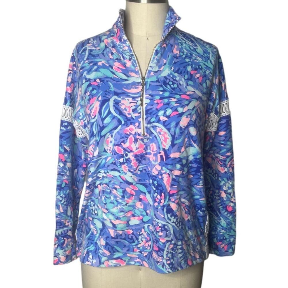 Lilly Pulitzer Jonah Wave 1/4 Zip Popover XXS Blue Pink Crochet Trim